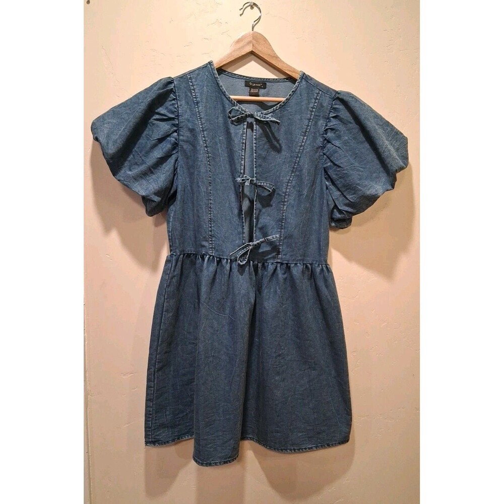 Style House Women's Sz XL Bow Tie Front Babydoll Dress Oversized Puff Sleeves